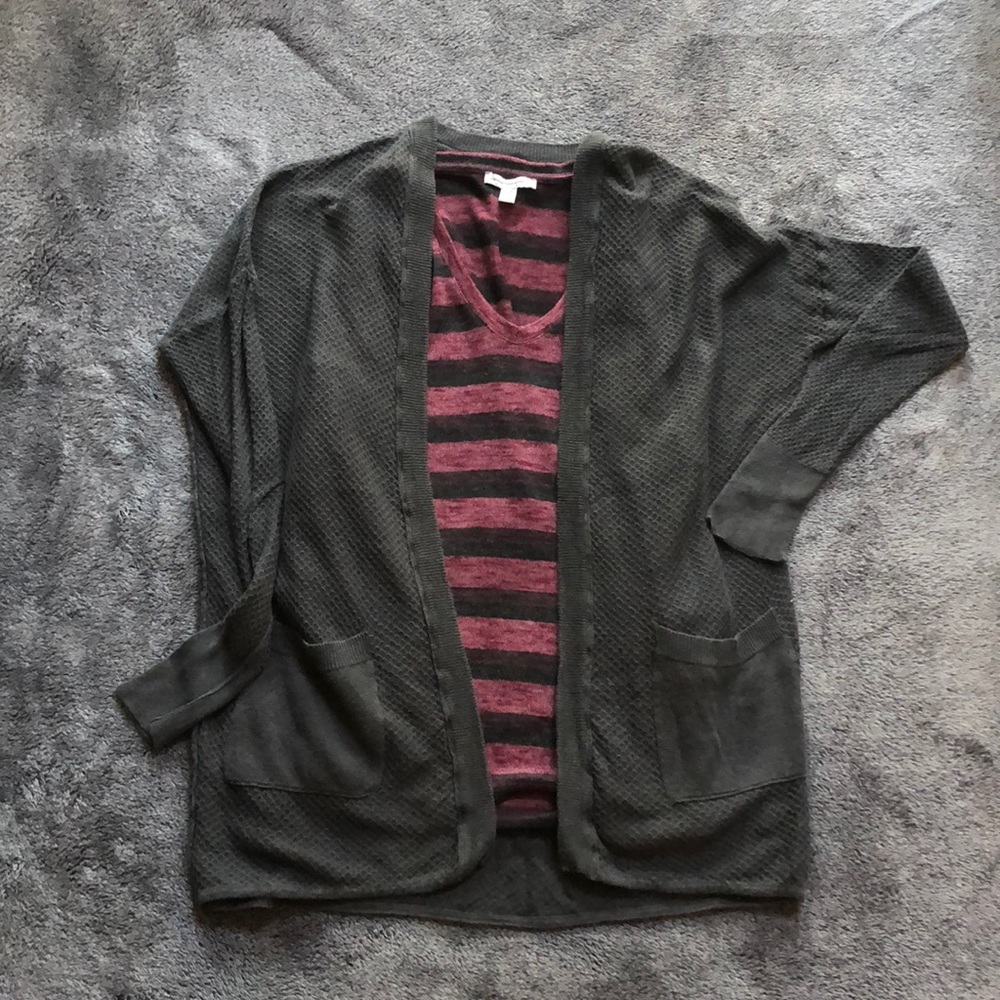 AE gray cardigan and striped tunic